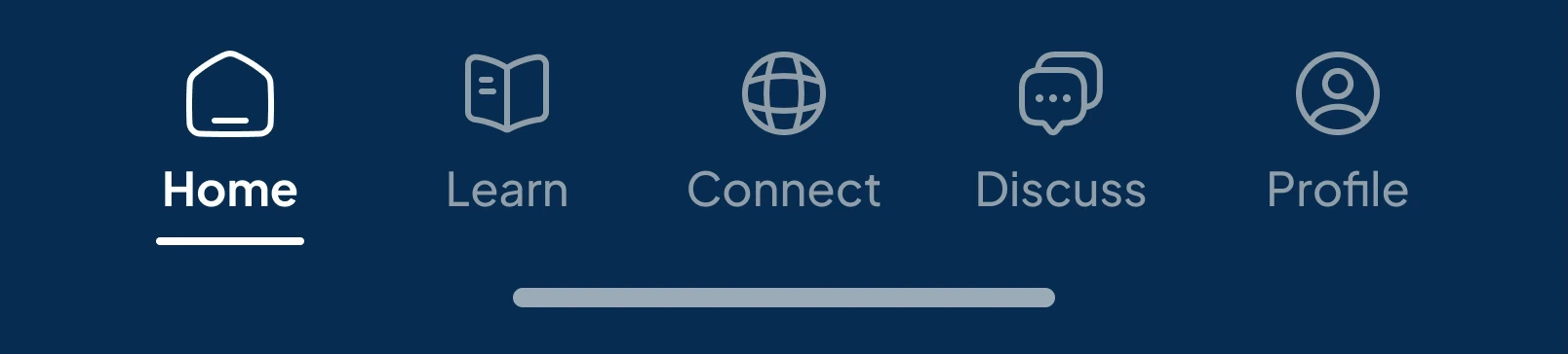 The 2025 CEO XB tab bar on solid navy, labeled Home, Learn, Connect, Discuss, Profile